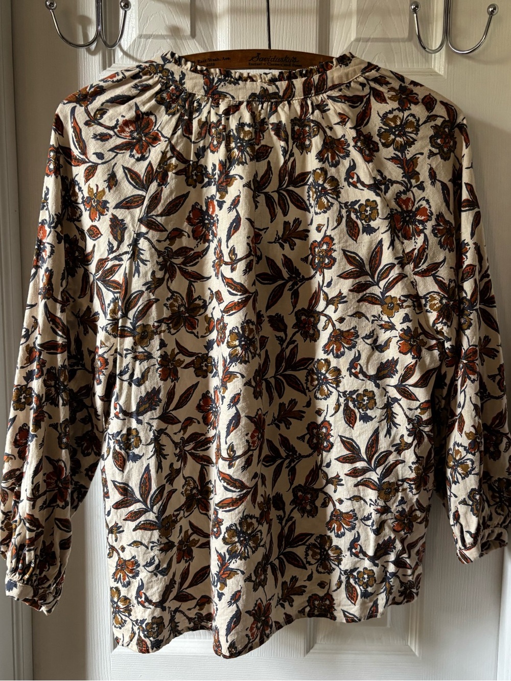 Faherty Ivory Floral V-Neck Blouse with Brown and Rust Accents - Picture 2 of 9